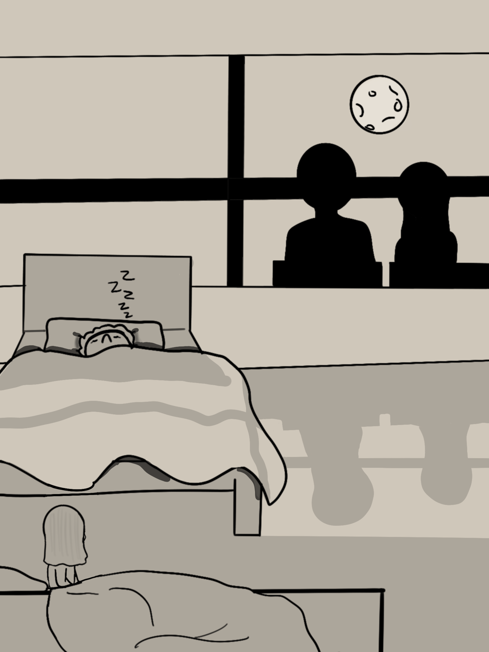 Girl sitting in bed looking at silhouettes of people outside while her grandmother sleeps.